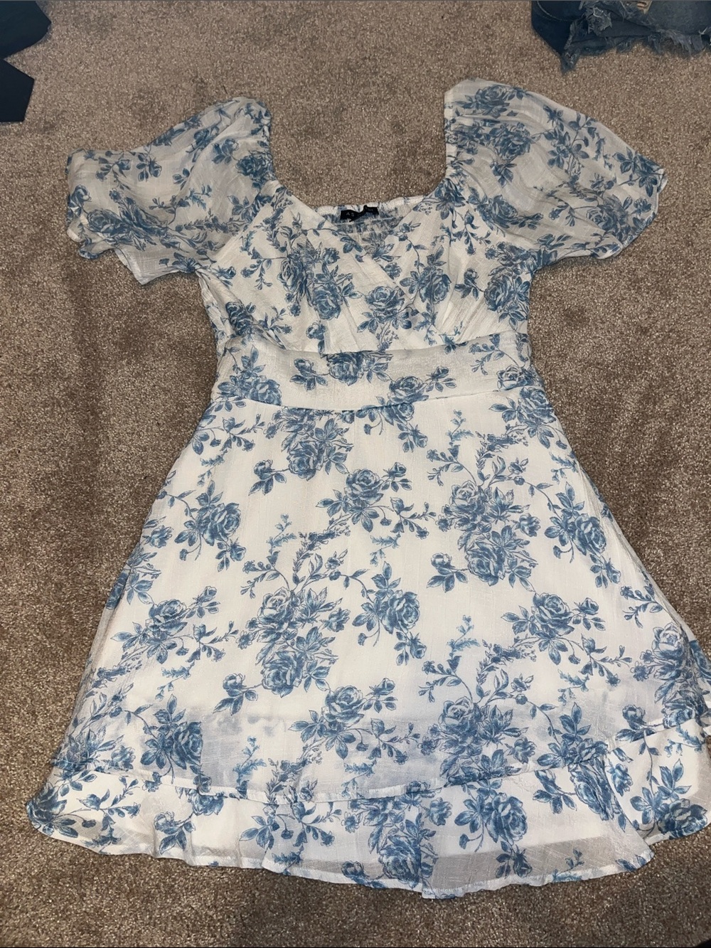 White Floral Puff-Sleeve Mini Dress - Blue Rose Print